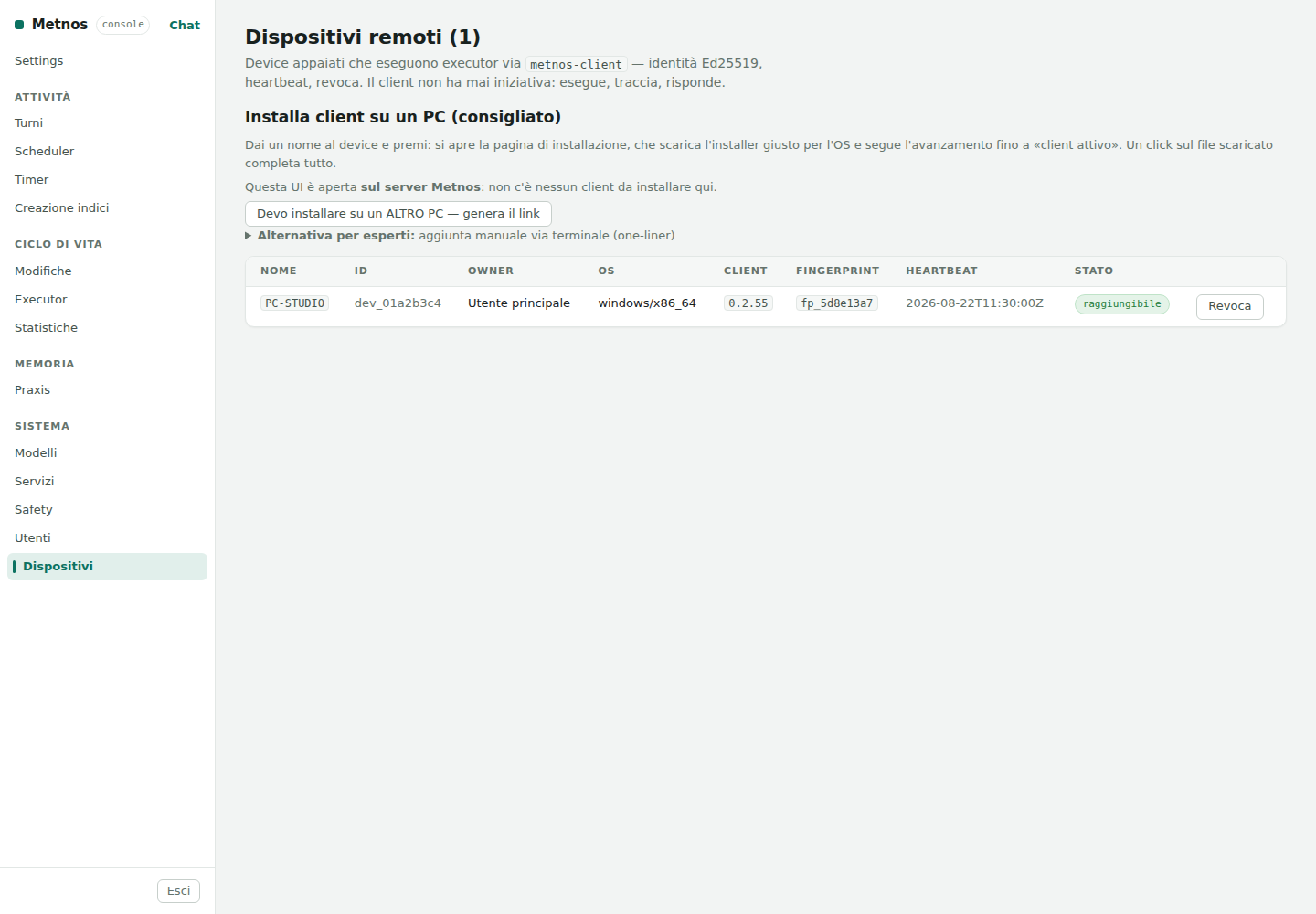 The real, anonymised Metnos remote-devices screen in an Italian-language instance.