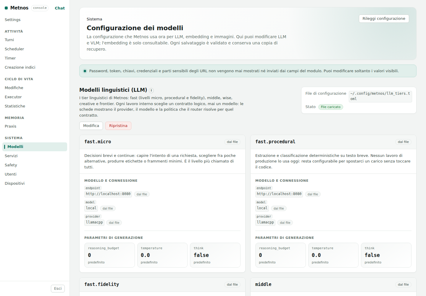 The real model-configuration screen in an Italian-language Metnos instance.