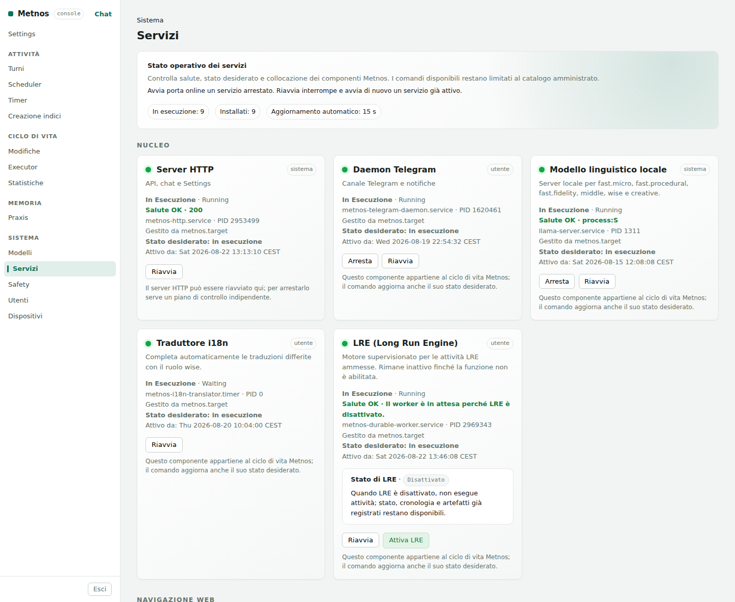 The real Metnos Services screen, showing System navigation and component cards in an Italian-language instance.